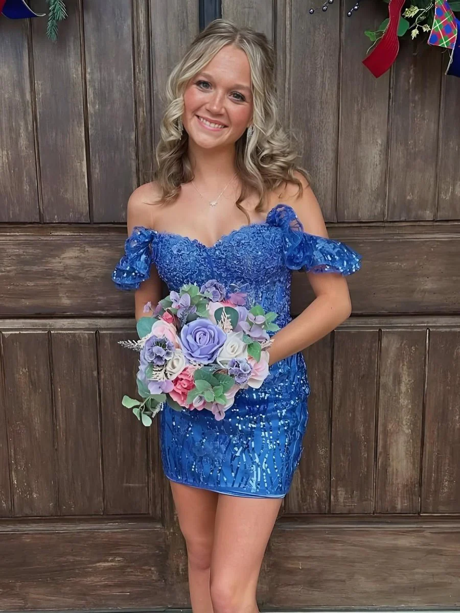 Royal Blue - Bodycon Off The Shoulder Sequins Short Homecoming Dresses
