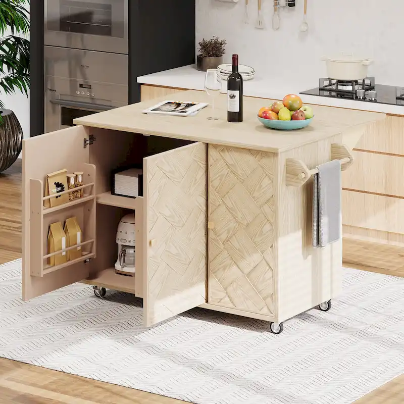 51.2W Ash Veneer Solid Wood Handwoven Kitchen Island With Drop Leaf(no include stool)