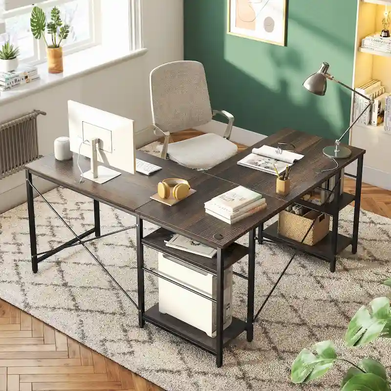 95.2 Inch L Shaped Desk with Shelves Home Office Computer Desk