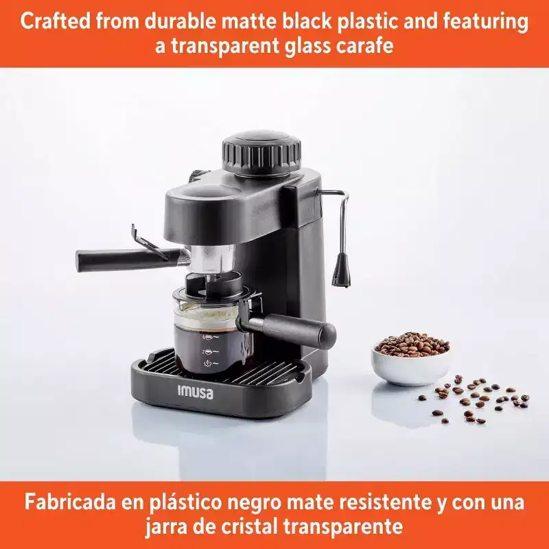 IMUSA 4 Cup Electric Espresso/Cappuccino Maker 800 Watts - Black: Milk Frother, Glass Carafe, Removable Filter Basket