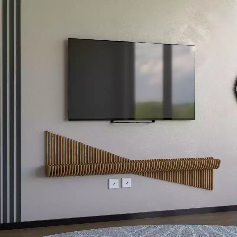 Wear Sierra BATAMEX Parametric 60 inch Floating Shelf TV Unit Modern Geometric Wooden Wall Piece Decor Natural Oak Color 3D Wavy Living Room Shelf