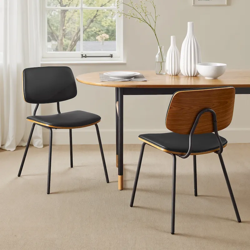 Set of 2 Mid-century PU Leather Bentwood Dining Chairs