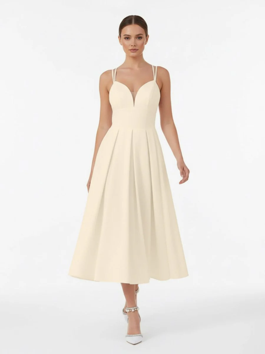 A-Line V-Neck Sleeveless Satin Knee-Length Wedding Dress