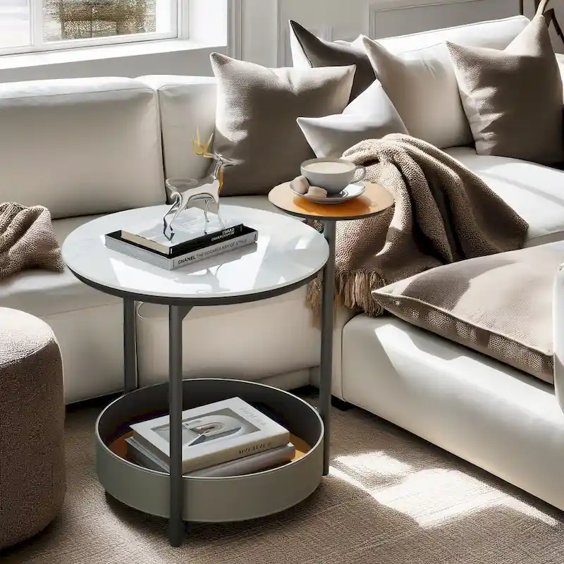 Unique Round Side End Table with 3-Tiers,Sintered Stone-top,Microfiber Saddle Leather Shelves,Accent Bedside Table for Room