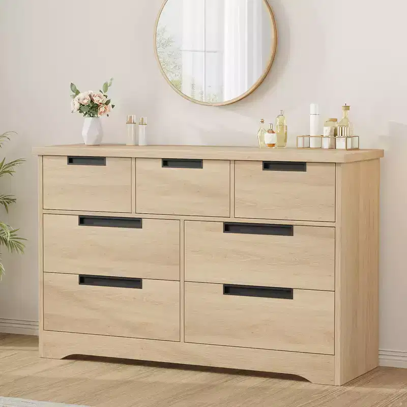 7 Drawer Wooden Dresser, Natural Double Dresser with Embedded Handles, Multifunctional Storage Chest of Drawers for Bedroom Living Room Nursery
