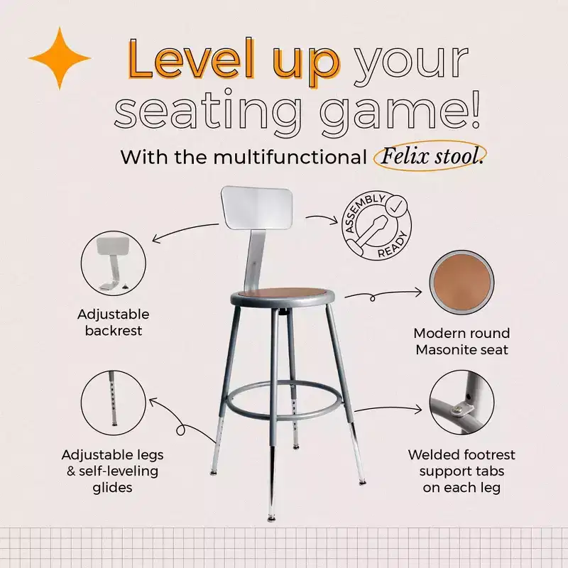 Hampden Furnishings 19-27" Felix Collection Steel Stool with Backrest