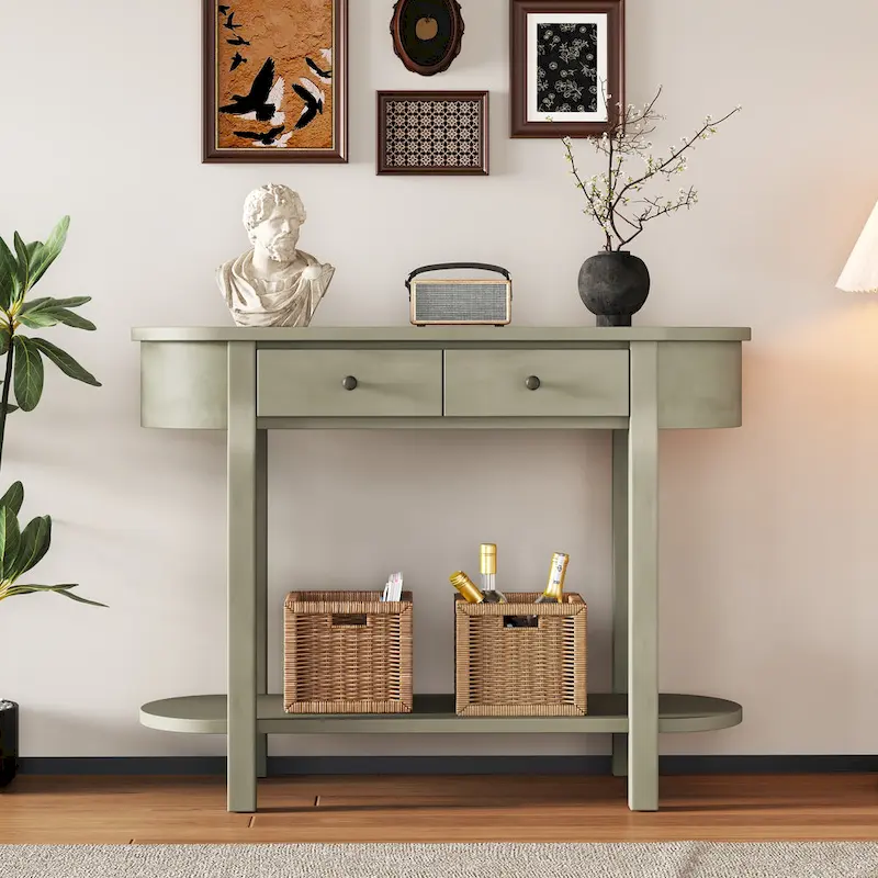 Vintage Console Table with 2 Storage Drawers, Open Lower Shelf, and Curved Design for Home Entryway and Hotel