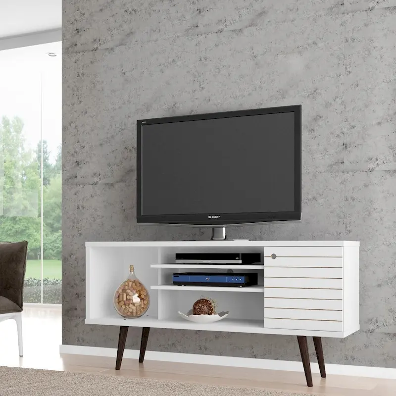 White Mid-Century TV Stand with Cabinet & Shelves, Fits up to 50