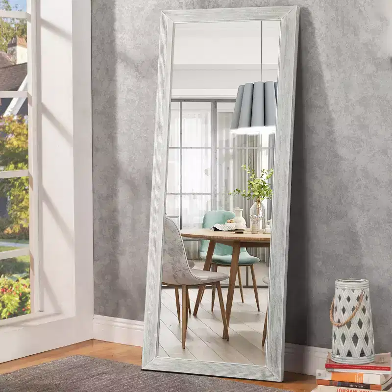 MAYEERTY Full Length Mirror Solid Wood Brushed Washed White 64x21in with Stand Tempered Glass
