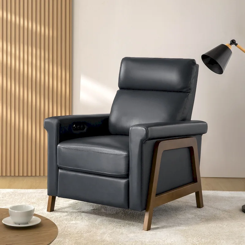 Navy / Camel / Black Power Genuine Leather Recliner with USB Port, Single