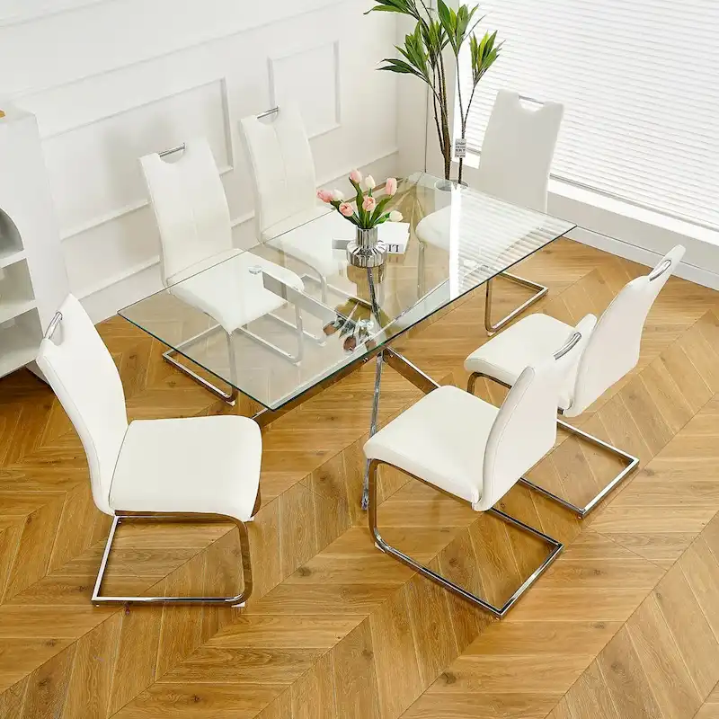 Set of 6,Dining Chairs with Faux Leather Padded Seat Upholstered with Chrome Metal Legs Side Chairs