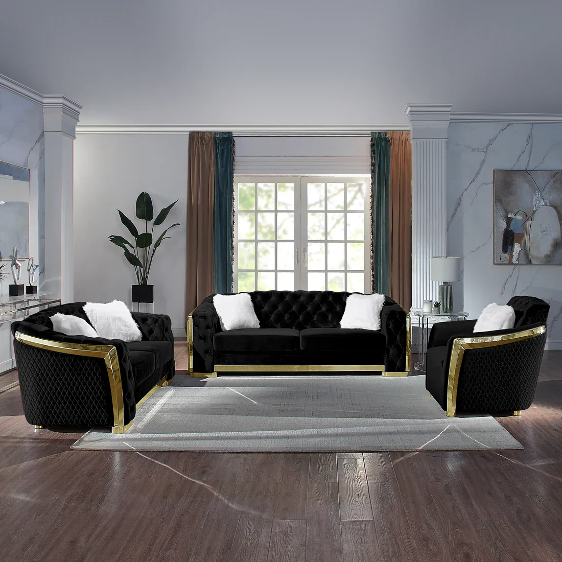 Deanna Velvet Living Room Collection in Green or Black