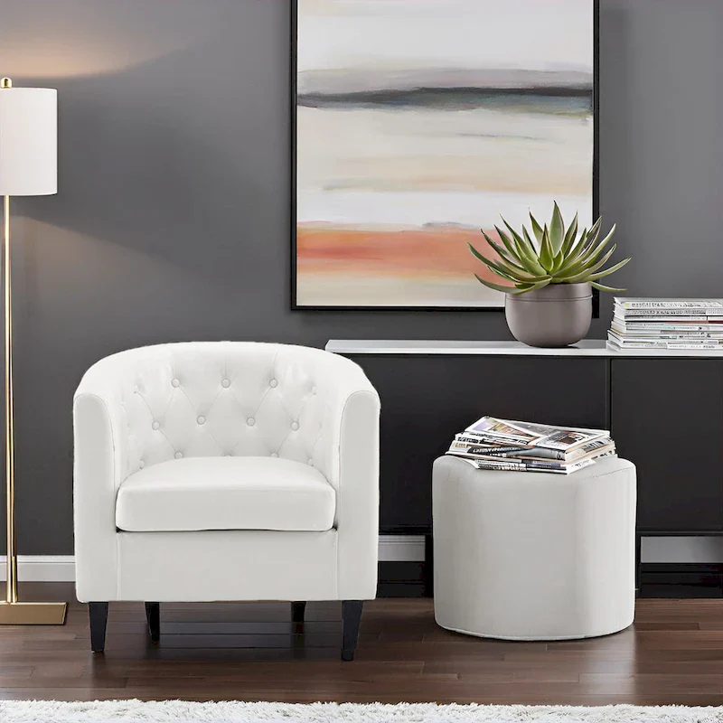 Accent Chair, Button Tufted Faux Leather Barrel Chair, Midcentury Modern Accent Chair, Comfy Armchair, Tub Barrel Chairs