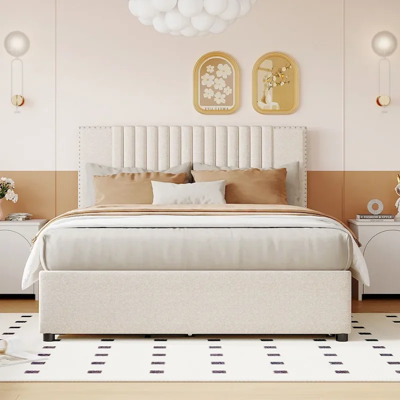 Linen Upholstered Platform Bed Vertical Lines Headboard with Nailhead Trim, Wood Panel Bed Frame 2 Drawers & Trundle Bed