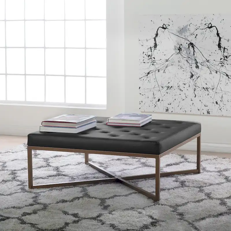 Studio Designs Home Camber Metal and Tufted Leather Large Cocktail Ottoman