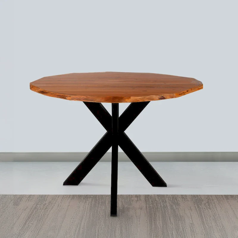Kuri 41 Inch Handcrafted Live Edge Round Dining Table with a Natural Brown Acacia Wood Top and Black Iron Legs