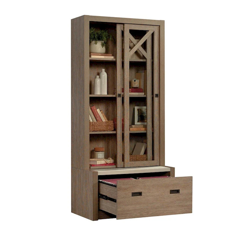 Jamocha Wood Sliding Door Bookcase with File Drawer – Letter Size