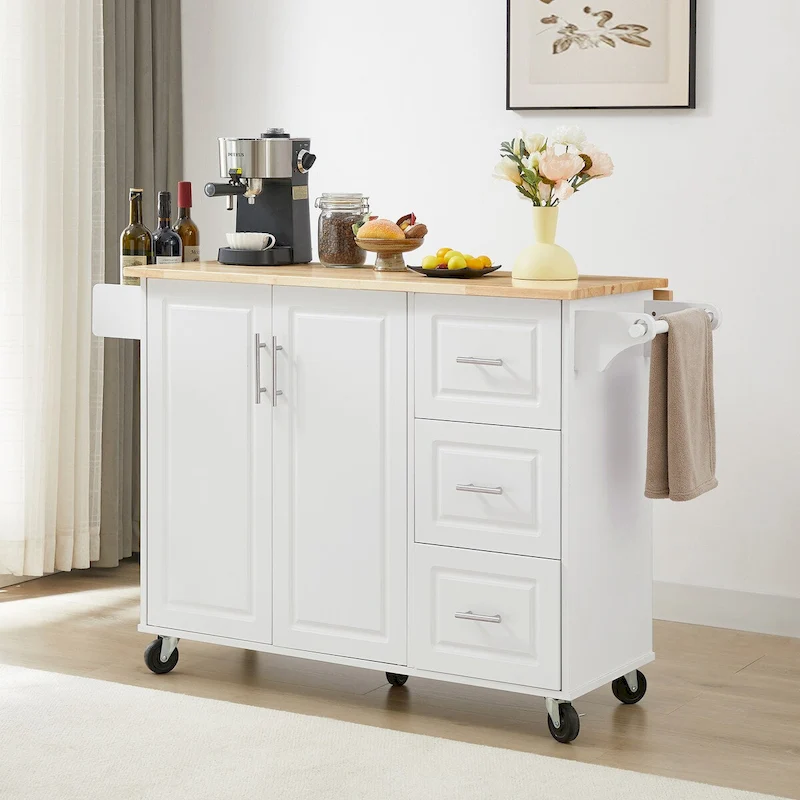 Rolling Kitchen Island with Drop Leaf Countertop,Barn Door Kitchen Island Table with Storage Cabinet and Tower Rack