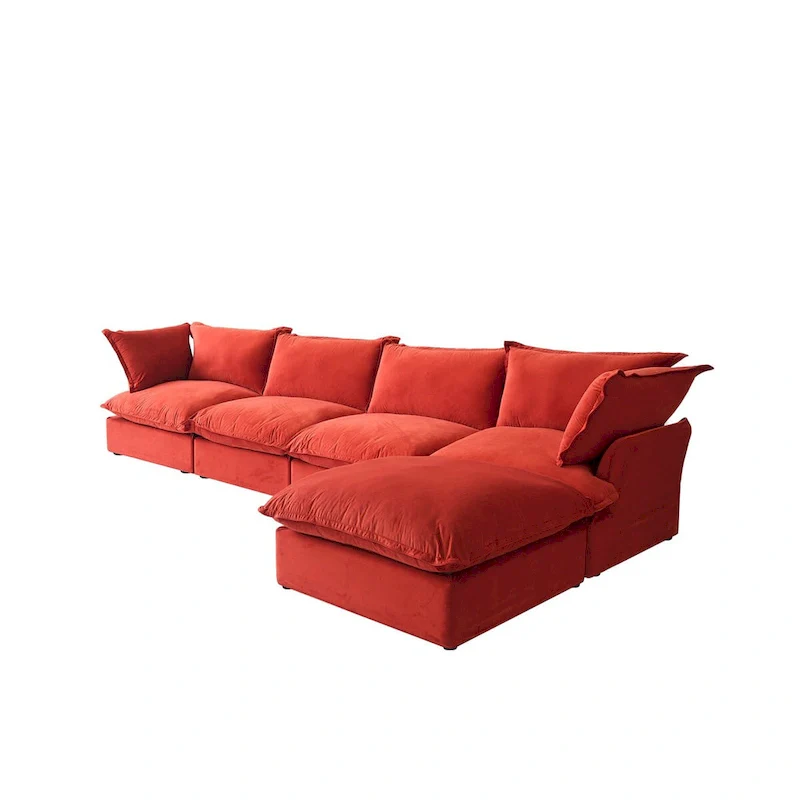 Cloud Sectional Sofa, 5-Seater Down Feather Modular Sofa L-shaped Velvet Wide Deep Seat Convertible Couch.
