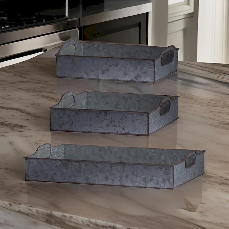 12, 12, 20 Inch Set of 3 Nesting Trays, Rectangular, Galvanized Gray Iron