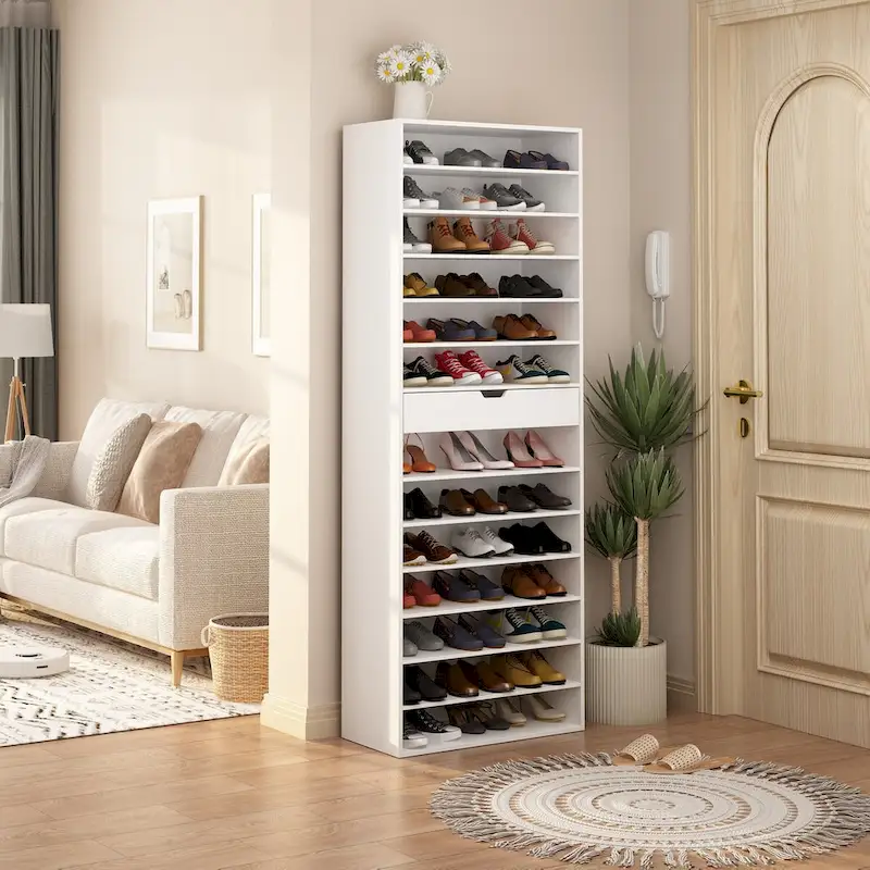 White Tall Shoe Cabinet, 13 Shelves, Holds 40 Pairs