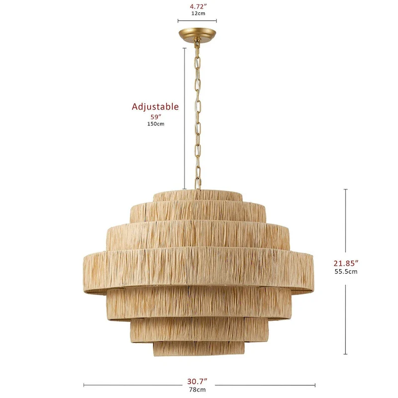 Farmhouse Gold Multi Tiers 5-Light Kitchen Island Pendant Light with Paper Woven Shade