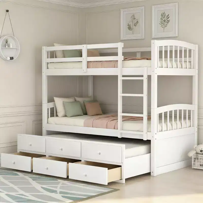 Luxystar Modern Twin Over Twin Bunk Bed With Trundle and 3 Drawers