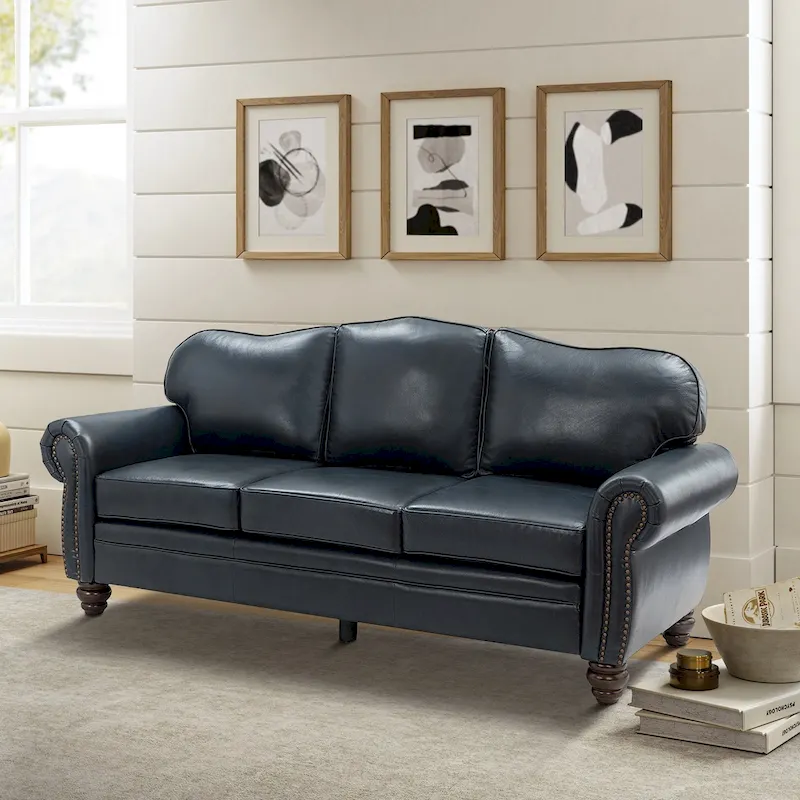 81 Wide Transitional Genuine Leather Rolled Arm Sofa with Nailhead Trim and Removable Cushions