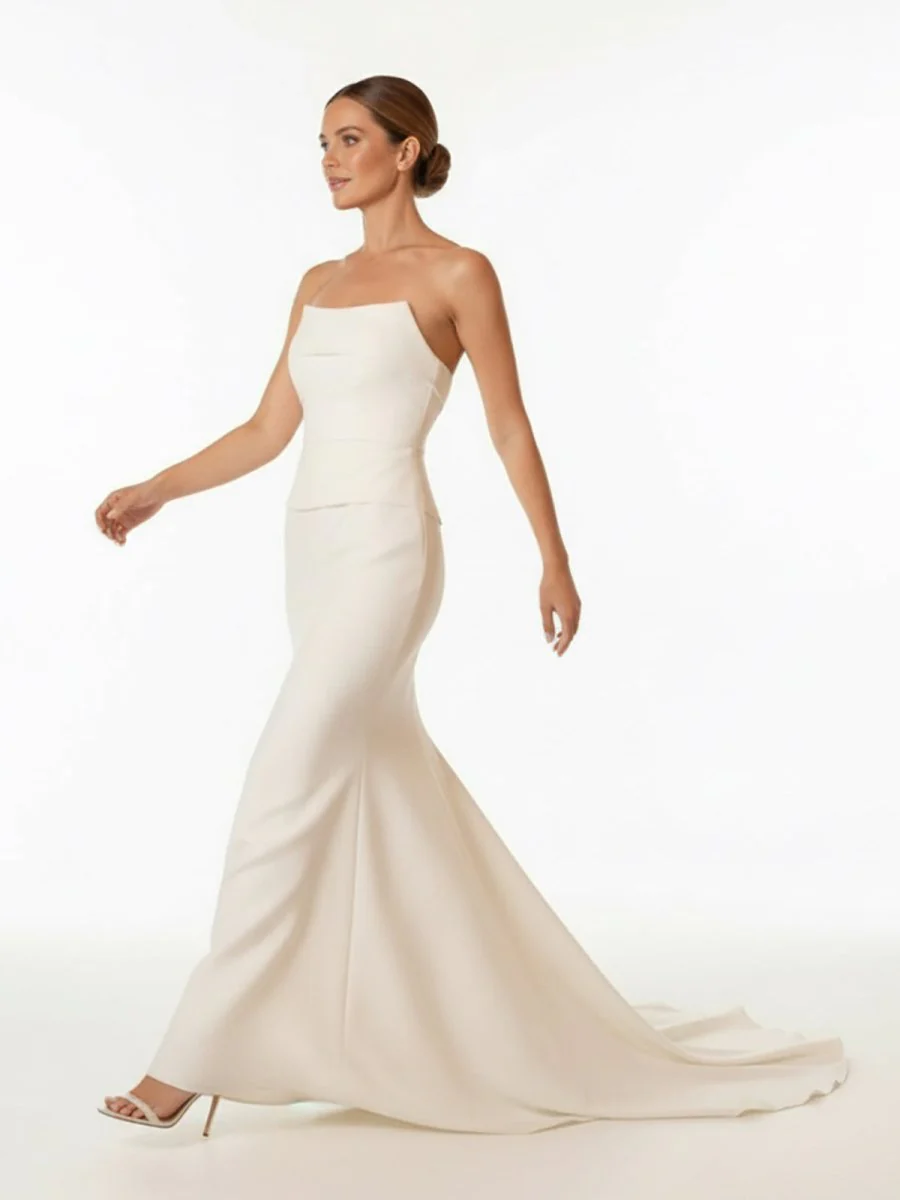 Elegant Mermaid Strapless Elastic Satin Wedding Dresses with Train