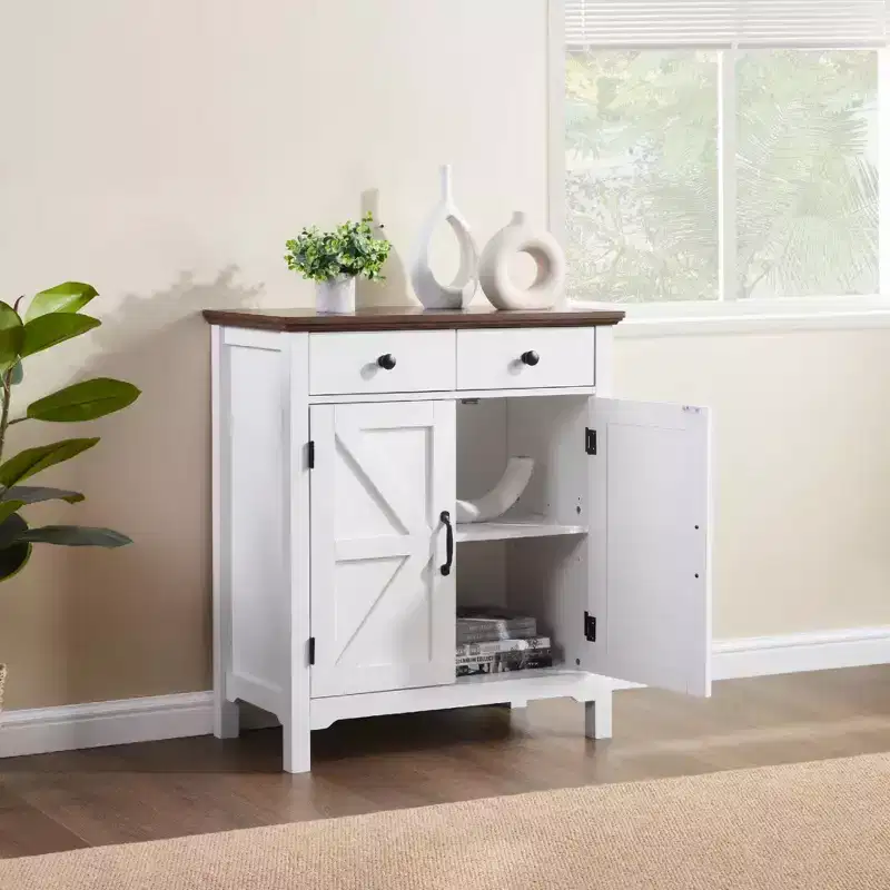 Rustic White and Honey Brown Farmhouse Buffet Cabinet - Features Drawer, Adjustable Shelf, and Barn Door Accent for Stylish Sideboard Storage