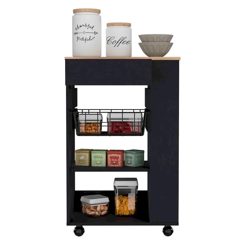 Kitchen Cart, One Drawer, Two Open Shelves, Four Casters -White / Light Oak
