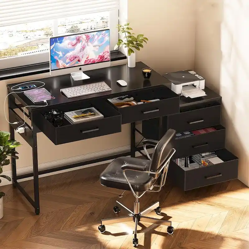 55 Computer Desk with 5 Fabric Drawers,Home Office Desk with Power Outlets  Printer Stand
