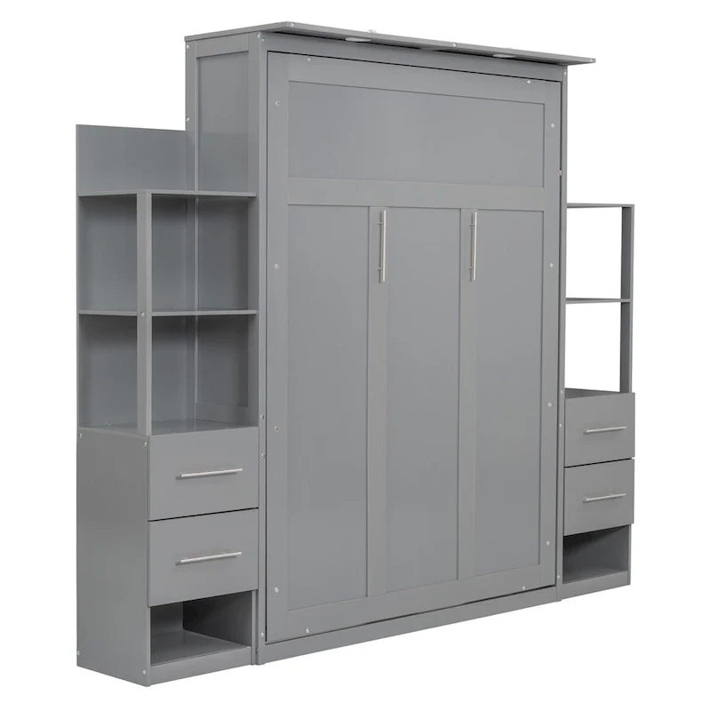 Full Size Wall Bed with Shelves, Drawers and LED Lights