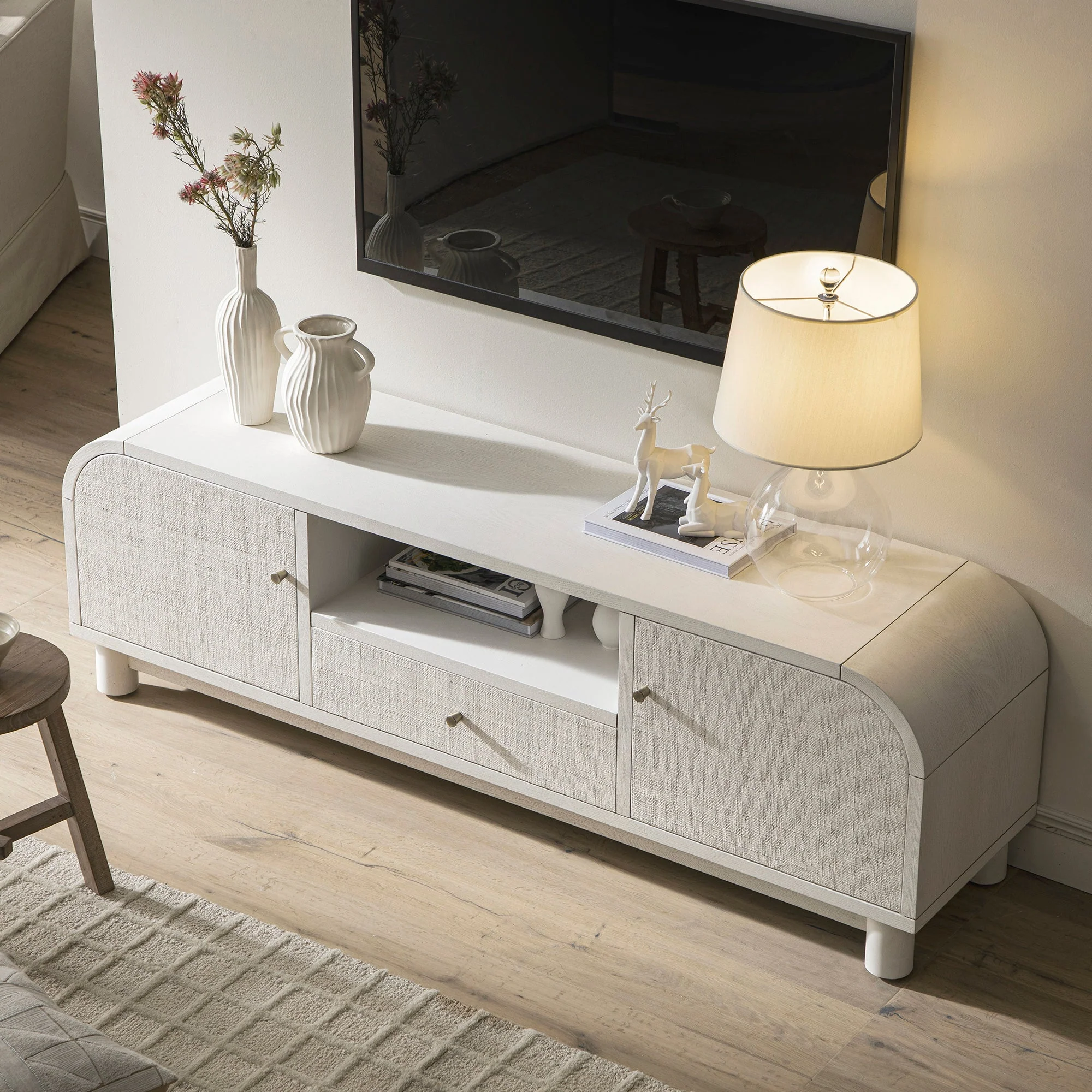 TV Unit, Washed White Ash with Raffia