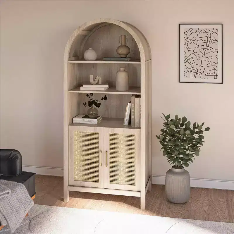 MAYEERTY Bohemian Arched Display Cabinet with 2 Faux Rattan Doors 5 Adjustable Shelves for Living Room Kitchen Beige