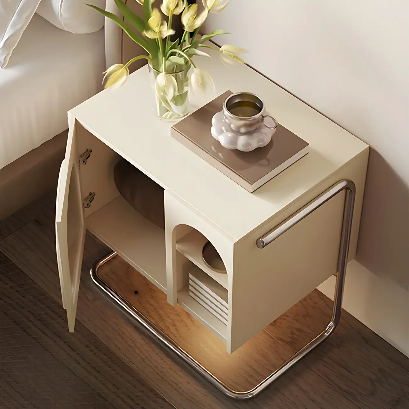 Narrow Cubic Wooden Black Nightstand in Steel Base