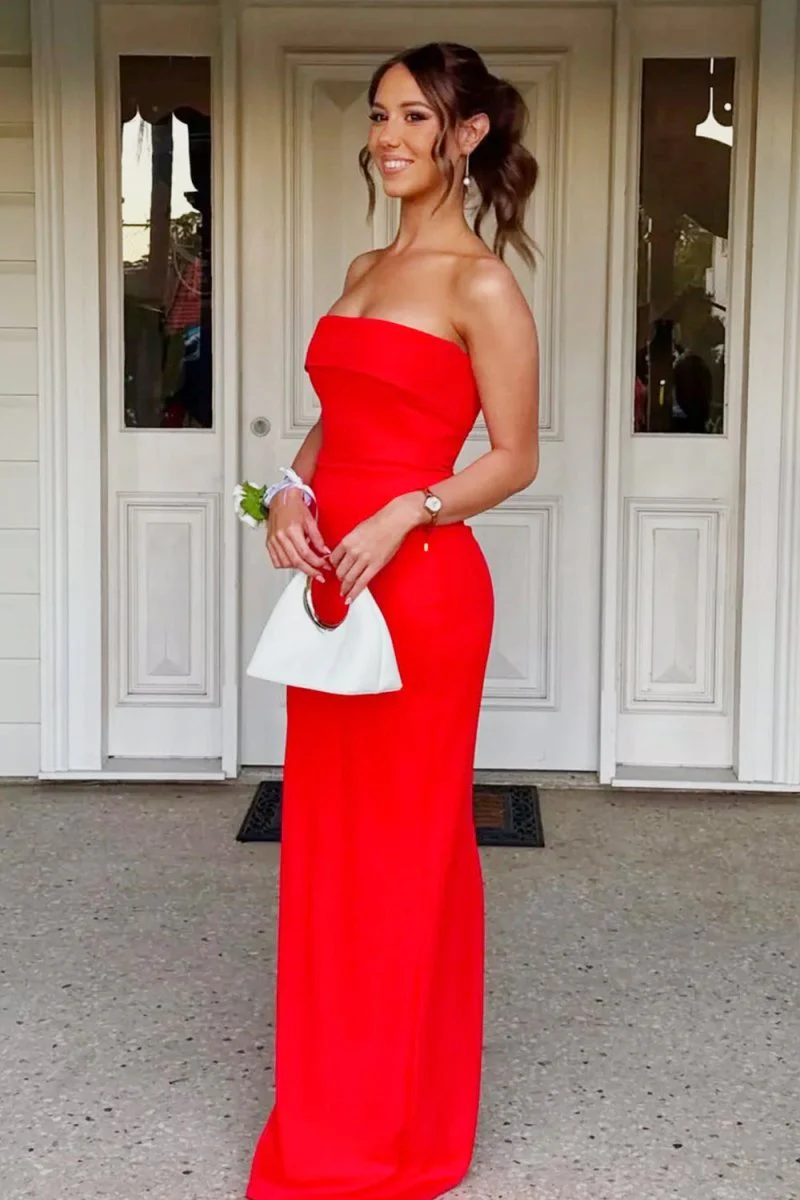 Red Strapless Sheath Satin Pleated Long Formal Prom Dresses