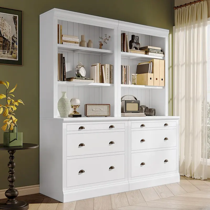 83.4Tall Bookshelf Suite,Bookcase Suite with LED Lighting,Drawers and Open Shelves,2-Piece Set Storage Bookshelf