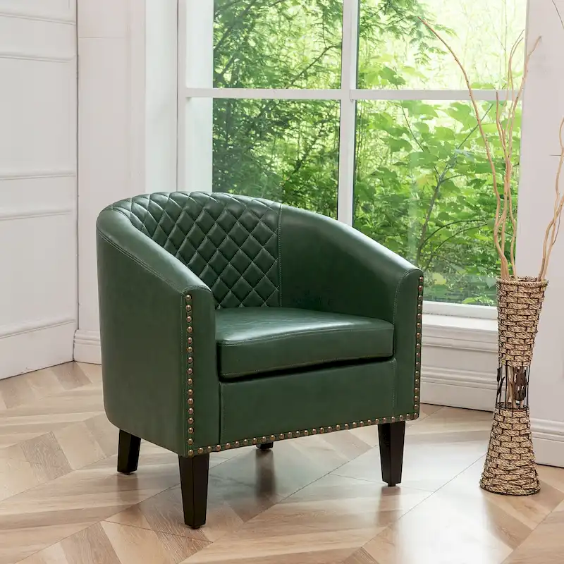 KINWELL PU Leather Tufted Barrel Chair Club Armchair with Nailheads