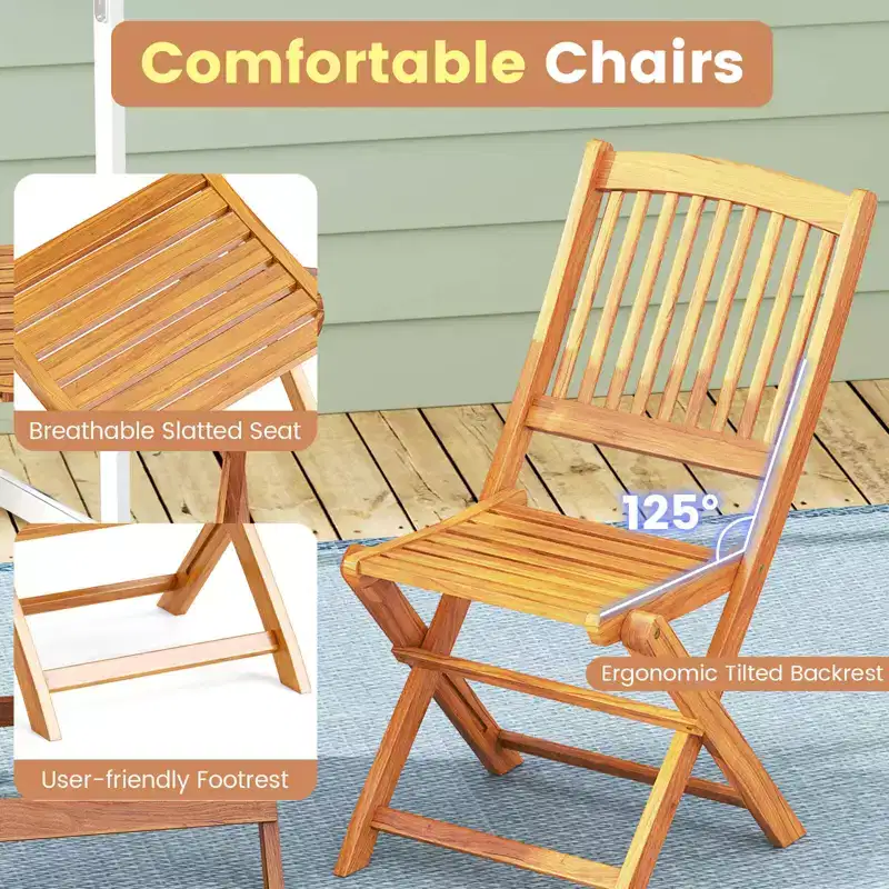 Costway 3 PCS Acacia Wood Patio Bistro Set Folding Table & Chairs Set with Cushions Beige/Navy