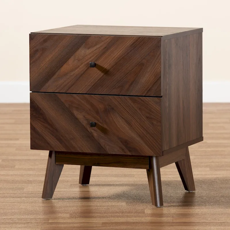 Mid-Century Modern Walnut Finished Wood 2-Drawer Nightstand