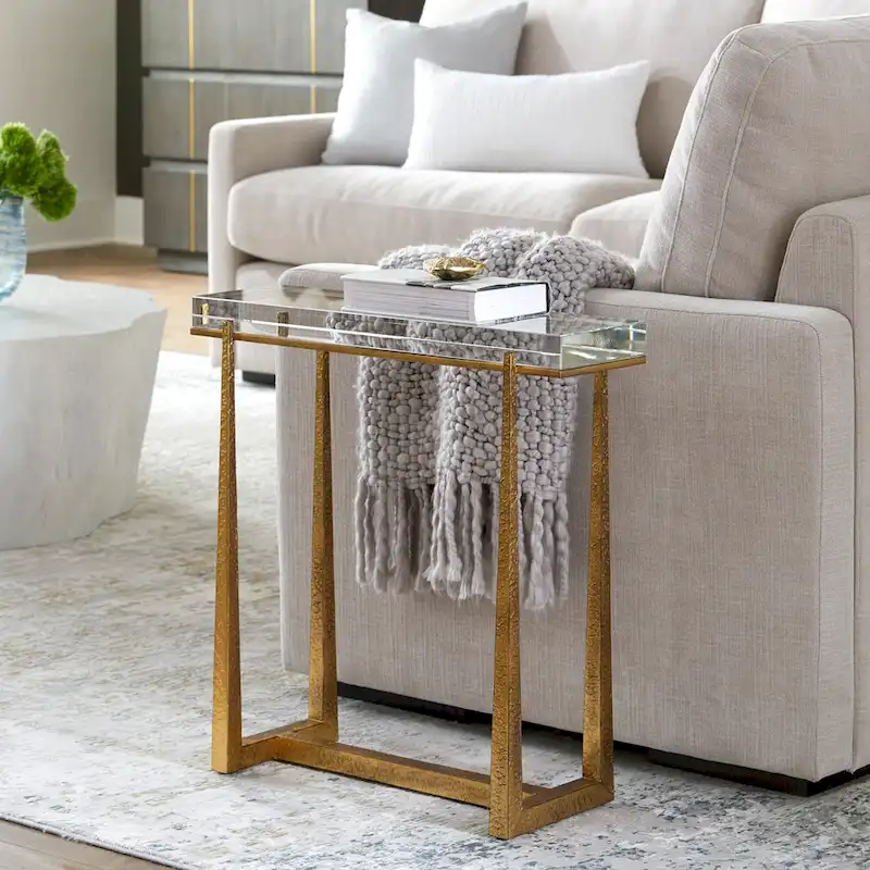 Crystal Top End Accent Table with Metal Legs, 24H x 24W x 8.5D