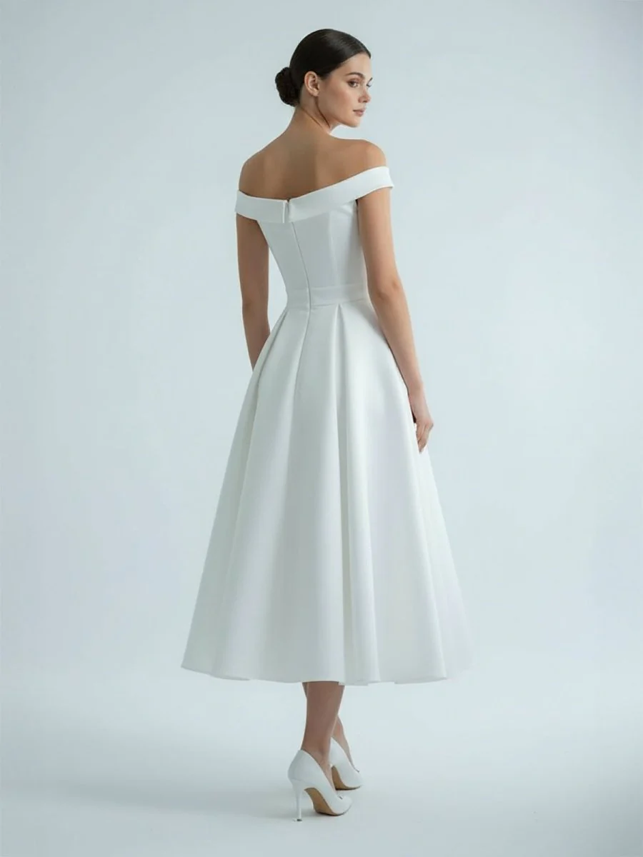 Sleeveless Tea-Length Satin Wedding Dress With Sash And Off-The-Shoulder Neck