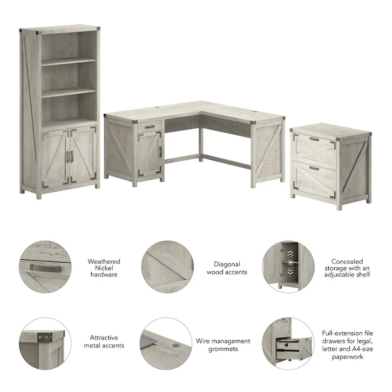 Knoxville 60W L-Desk with File Cabinet and Bookcase by Bush Furniture