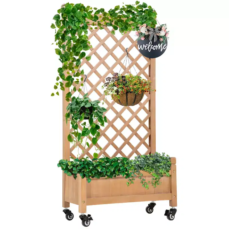 FDW Planter Box with Trellis 51 H Raised Garden Bed Trellis Hard Acacia Wood Raised Garden Beds with Grid and Drainage Holes for Outdoor, Nature