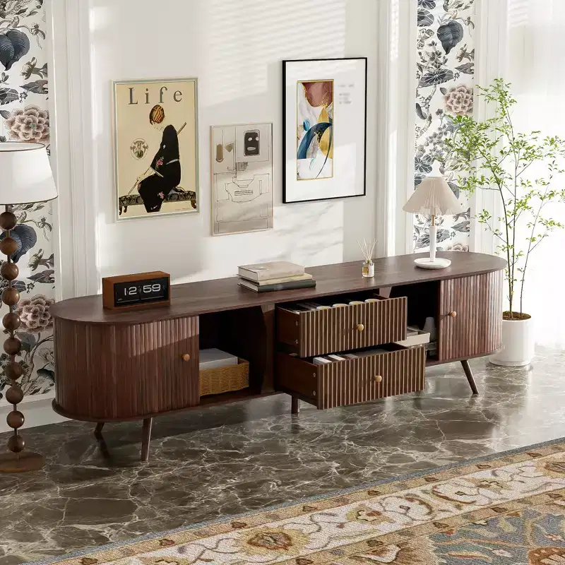 GDFStudio Micah 70 Mid Century Modern TV Stand with Tambour Doors & Fluted Drawers