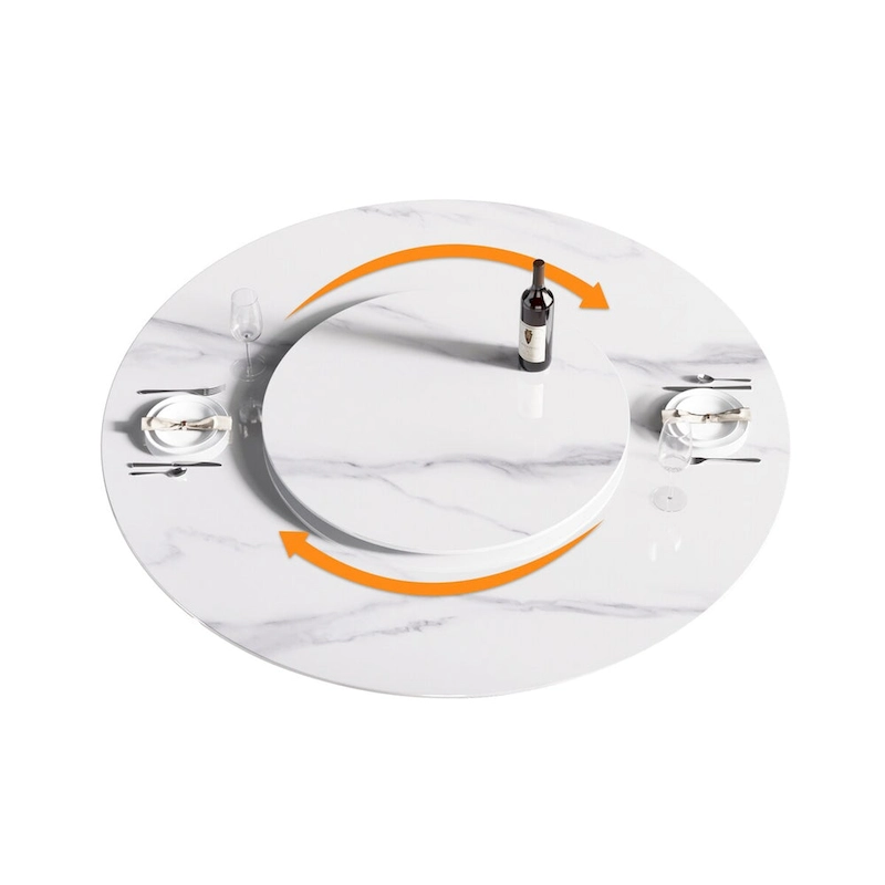 59 White Round Dining Table with Lazy Susan, Sintered Stone Tabletop - N/A