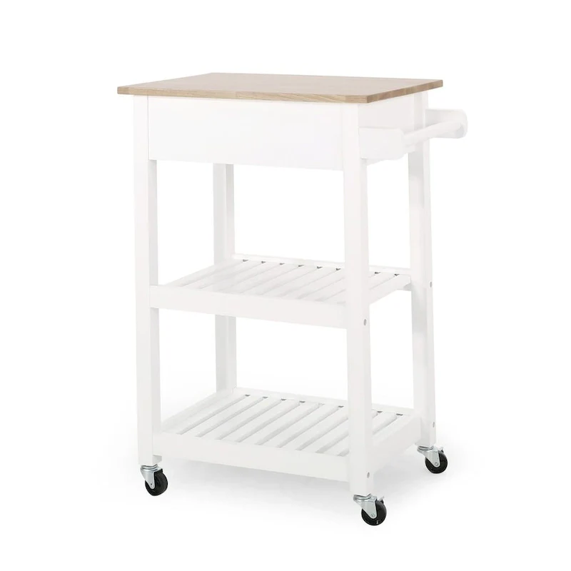 Compact Wooden Kitchen Cart with Wheels Shelves and Drawer by Christopher Knight Home