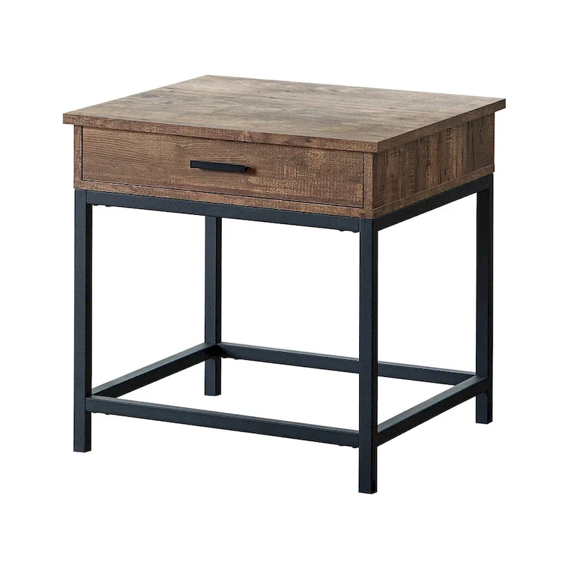 1-Drawer Wood End Table – Brown Oak Top with Sandy Black Metal Base