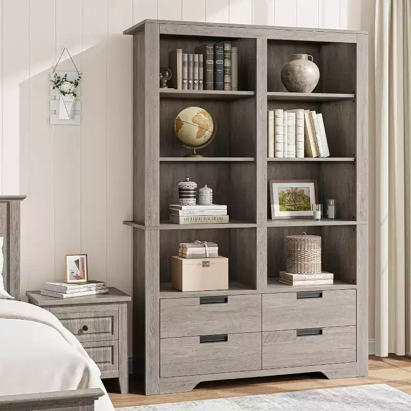 72 High Bookshelf, 4-Layer Double-Width Bookshelf With 4 Drawers, Large Freestanding Open Bookcase Suitable for Living Room, Office, Library